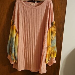 ODDY Pink Textured Knit Top, SZ 3X, Shear Multi Colored Sleeves, NWOT
